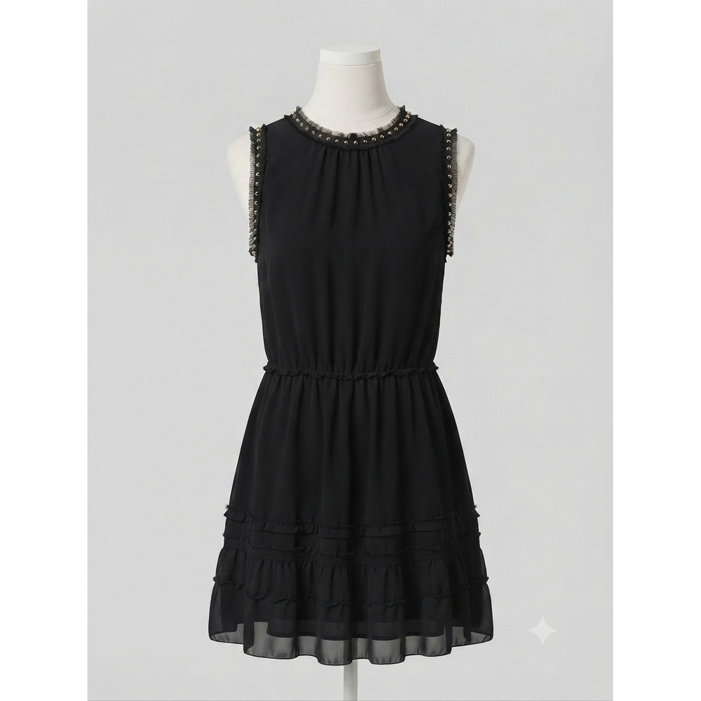 Juicy Couture Black Studded Sleeveless Mini Dress Tiered Ruffle Skirt Womens S